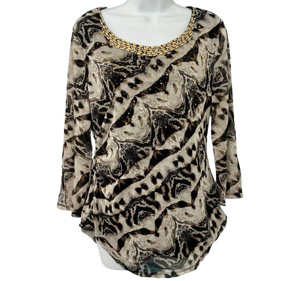 Alfani Brown Cream Animal Print Long Sleeve Beaded Scoop Neck Blouse Top size L - Picture 1 of 9